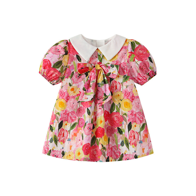 Vestito Elegante Bimba Abito Floreale con Colletto Bianco e Fiocco