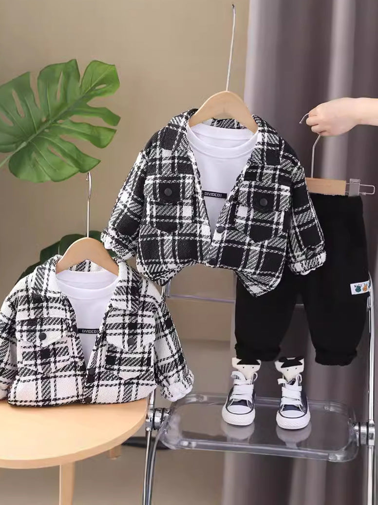 Completo Bambino 3 Pezzi Camicia a Quadri, T-shirt Bianca e Pantaloni Jogger