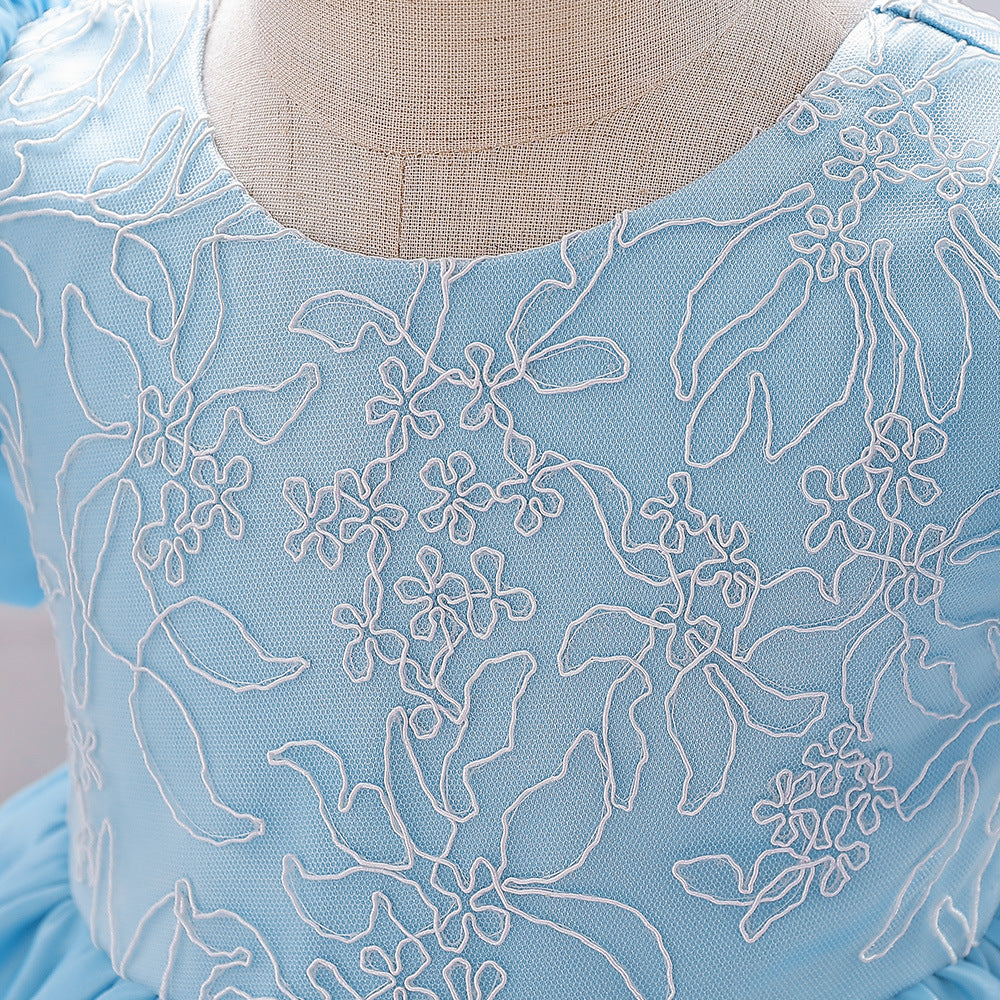 Abito Elegante Azzurro per Bambina con Maniche a Palloncino e Ricami