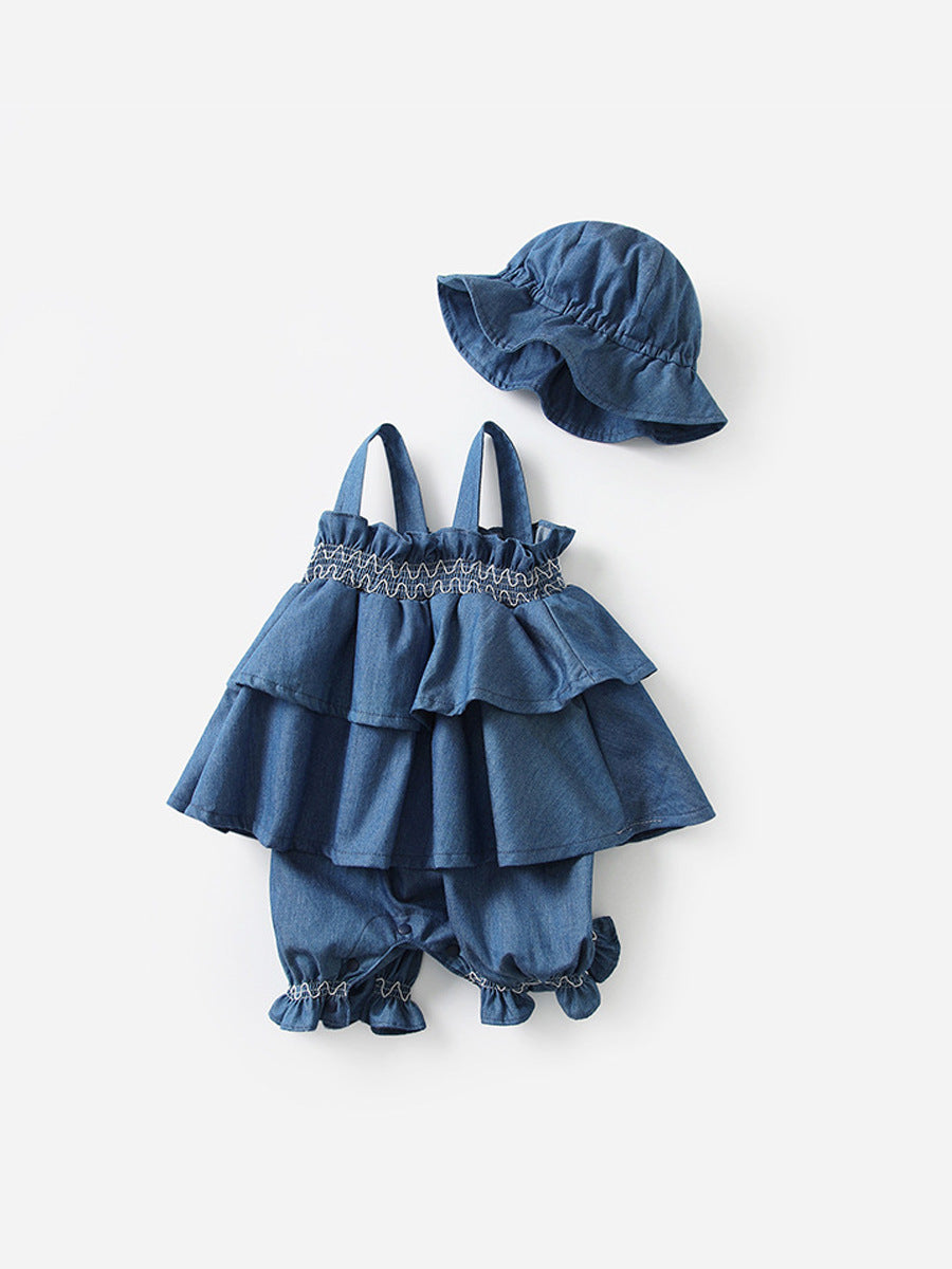 Completo Estivo Bimba in Stile Denim Top, Pantaloncini e Cappellino