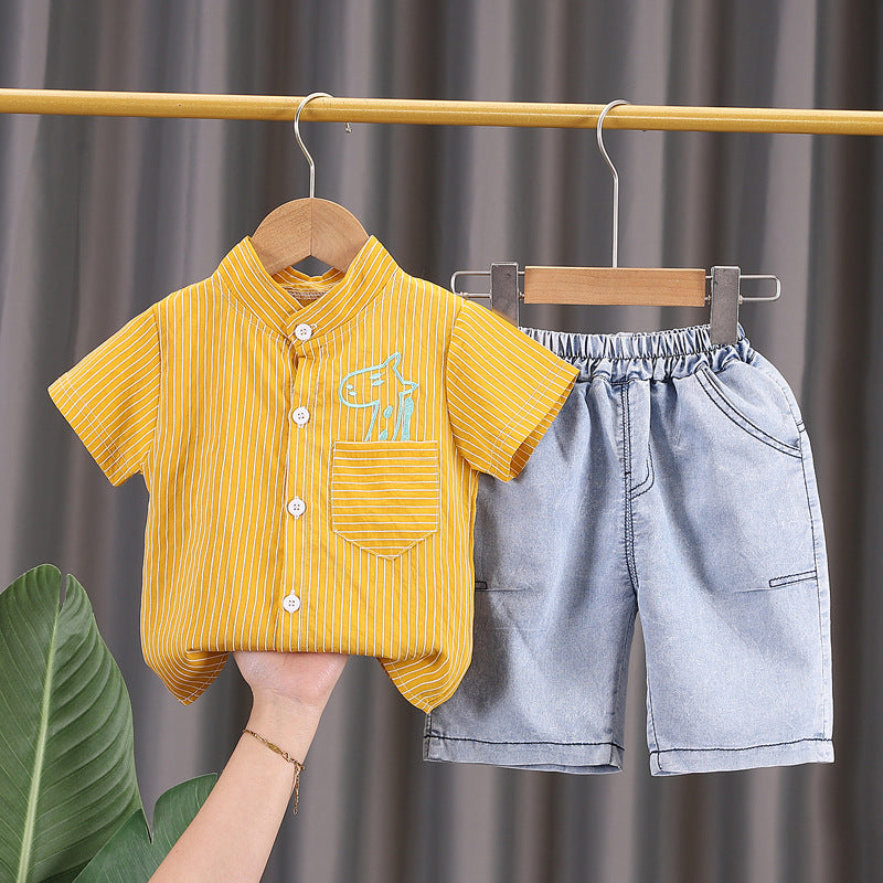 Completo Estivo Bambino - Camicia Coreana a Righe e Shorts in Denim