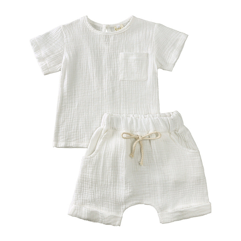 Completo Estivo Bambino 2 Pezzi in Cotone Garzato T-shirt e Shorts Bianchi