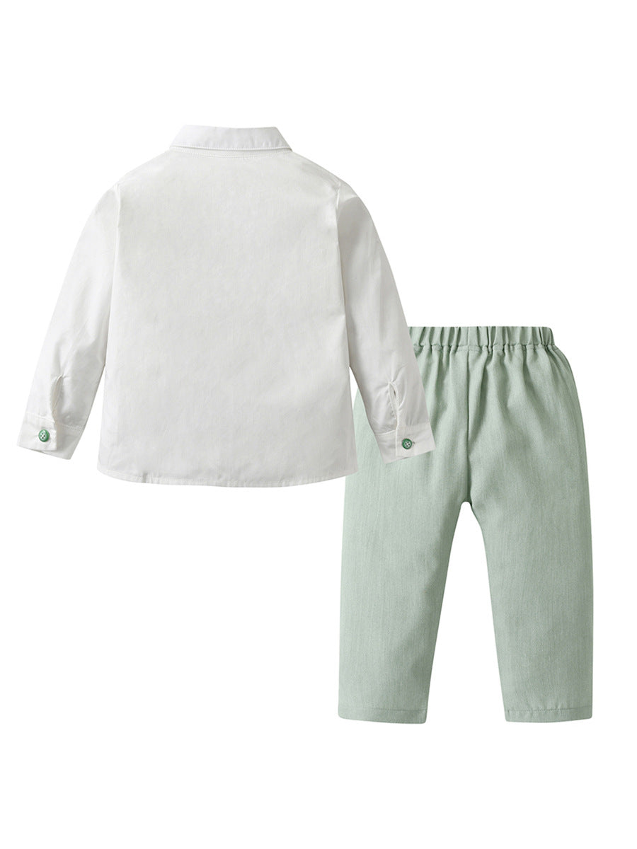 Completo Elegante Bimbo 3 Pezzi Camicia, Gilet Asimmetrico e Pantaloni Verde Salvia