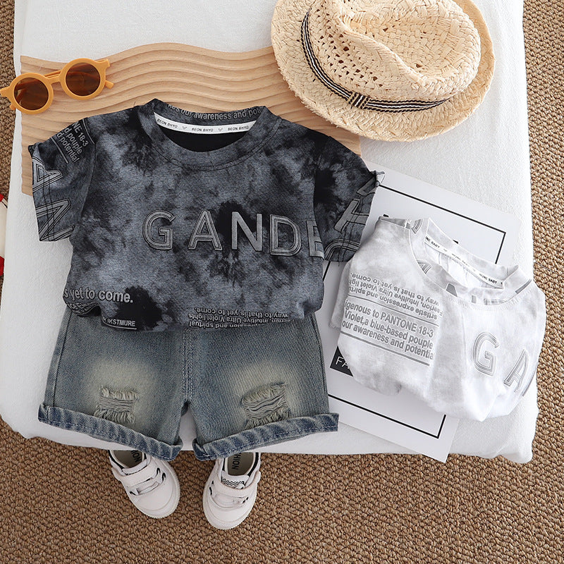 Completo Estivo Bambino T-shirt GAND e Shorts Jeans Strappati