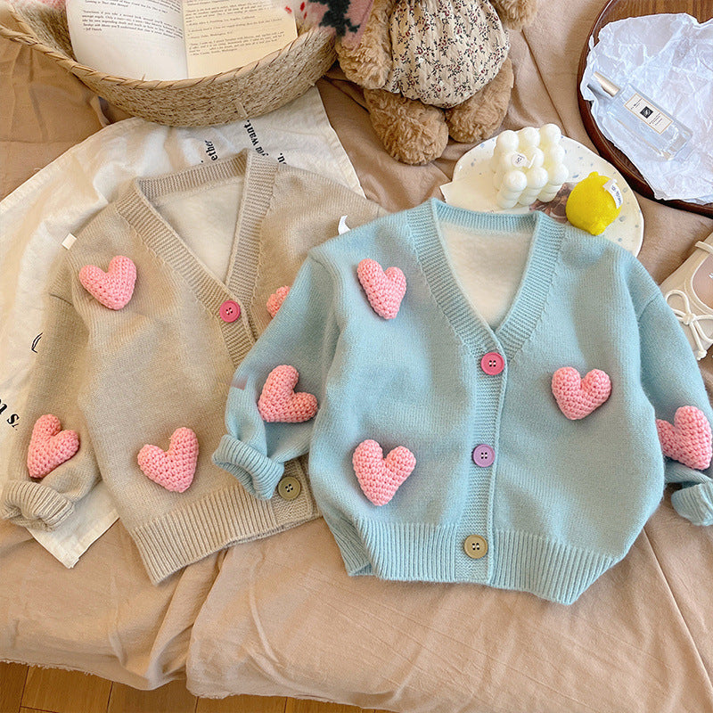 Cardigan Bambina con Cuori 3D – Maglioncino Morbido in Maglia