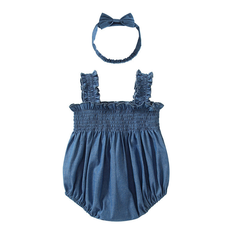 Pagliaccetto in Denim per Neonata con Fascia Coordinata