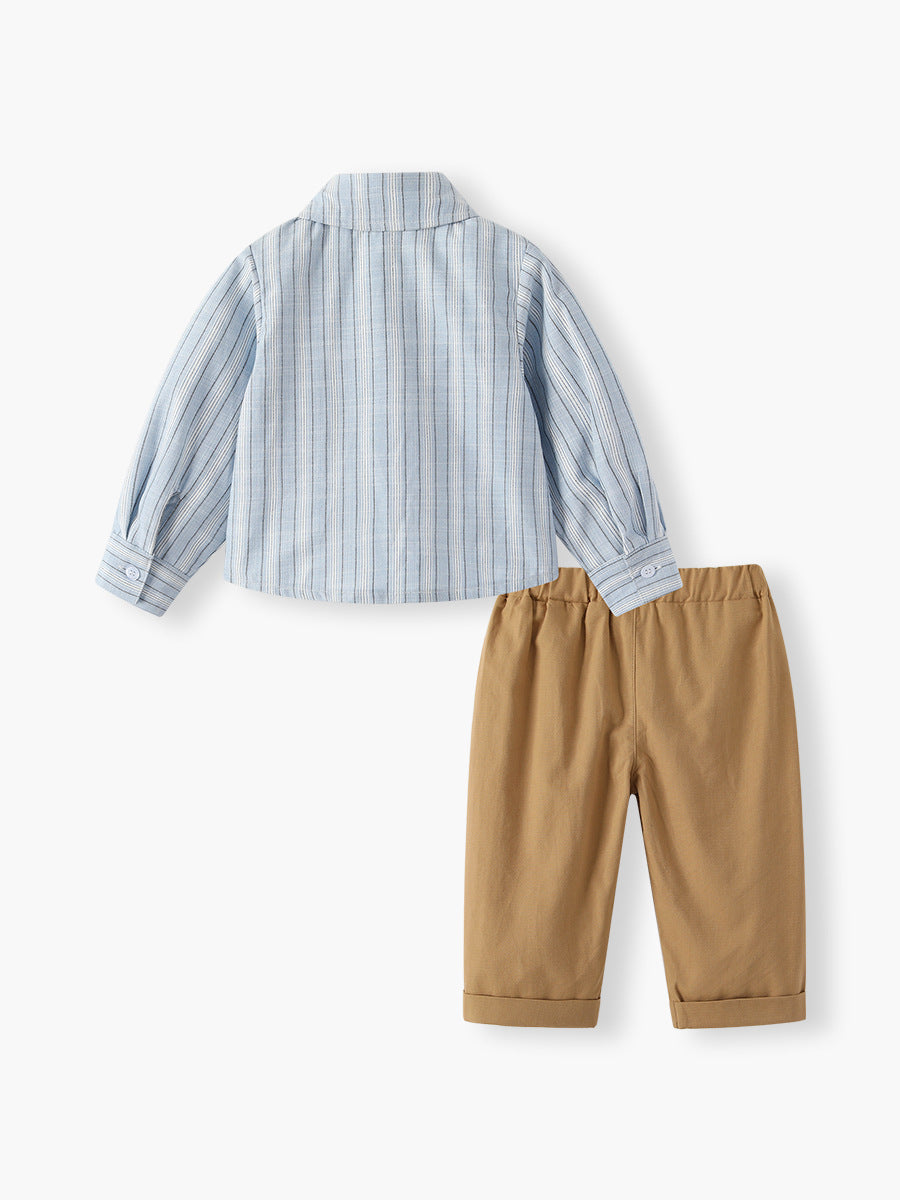 Completo Elegante Bimbo Camicia a Righe con Papillon e Pantaloni Cammello