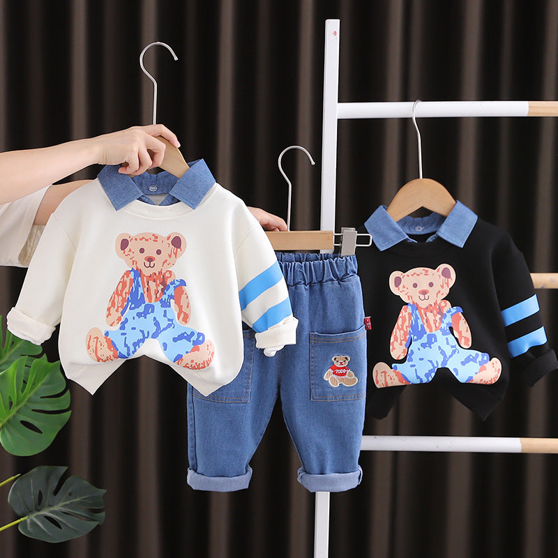 Completo Bimbo "Teddy Cool" Felpa, Jeans e Colletto Denim