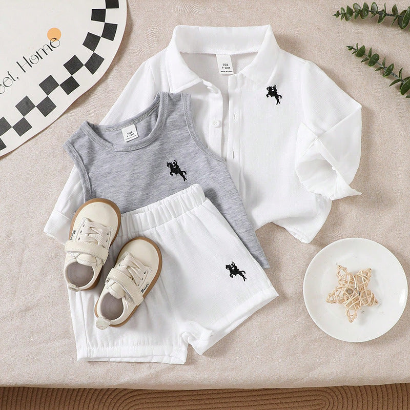 Completo bambino 3 pezzi Camicia bianca, canotta grigia e shorts bianchi
