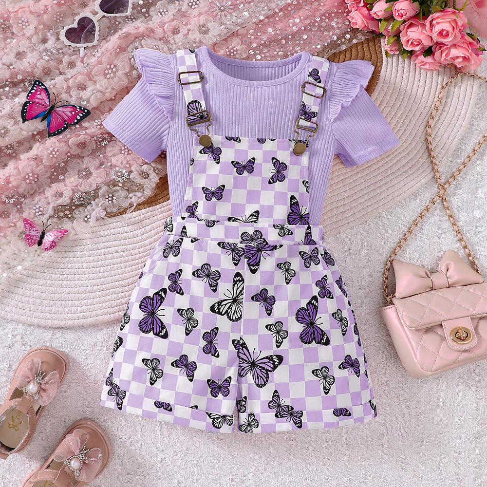 Completo Bimba con T-shirt Rosa e Salopette a Quadretti con Farfalle