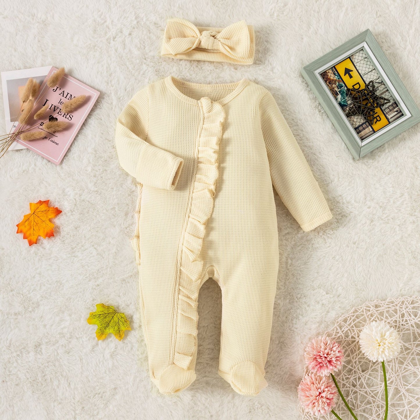 Tutina Neonata in Cotone con Volant e Fascia Coordinata