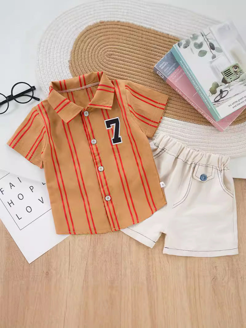 Completo Bambino Casual Estivo Camicia a Righe e Shorts Chiari