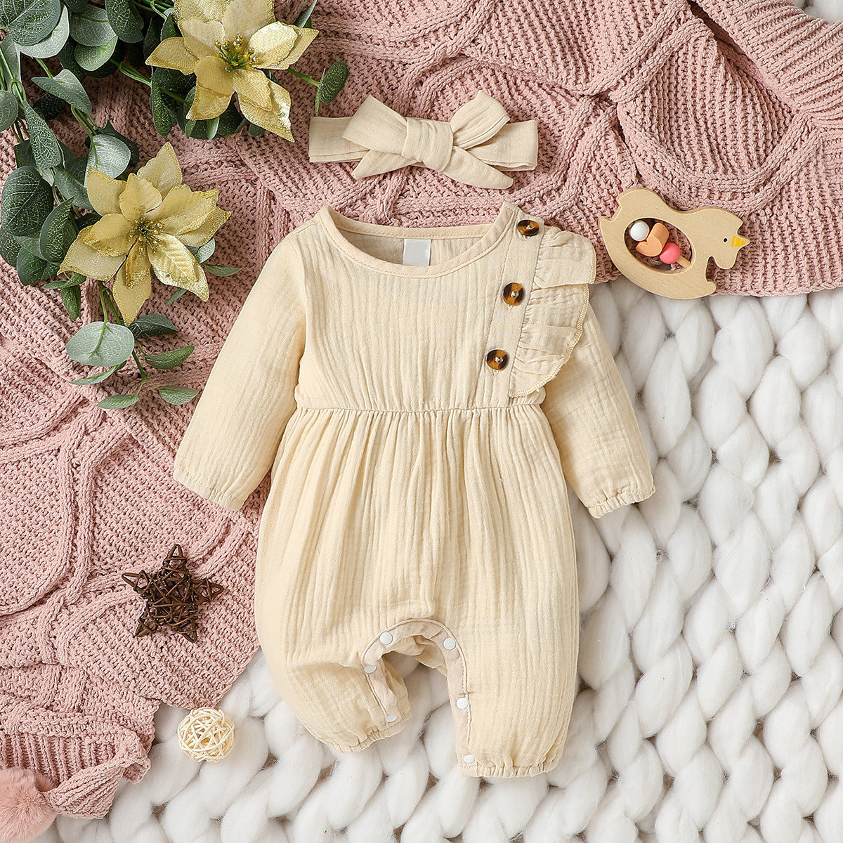 Tutina in Cotone Naturale con Bottoni e Fascia Coordinata