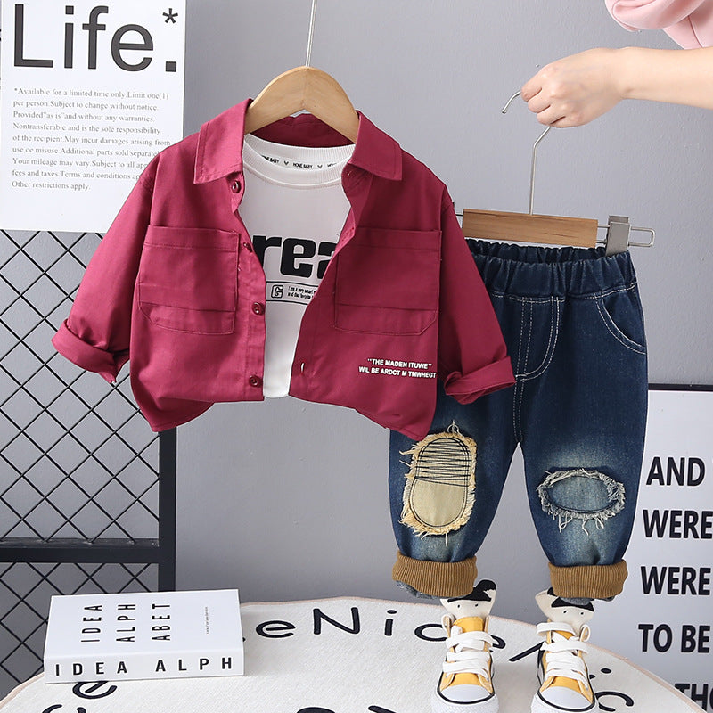 Completo Casual Bambino con Camicia e Jeans Strappati