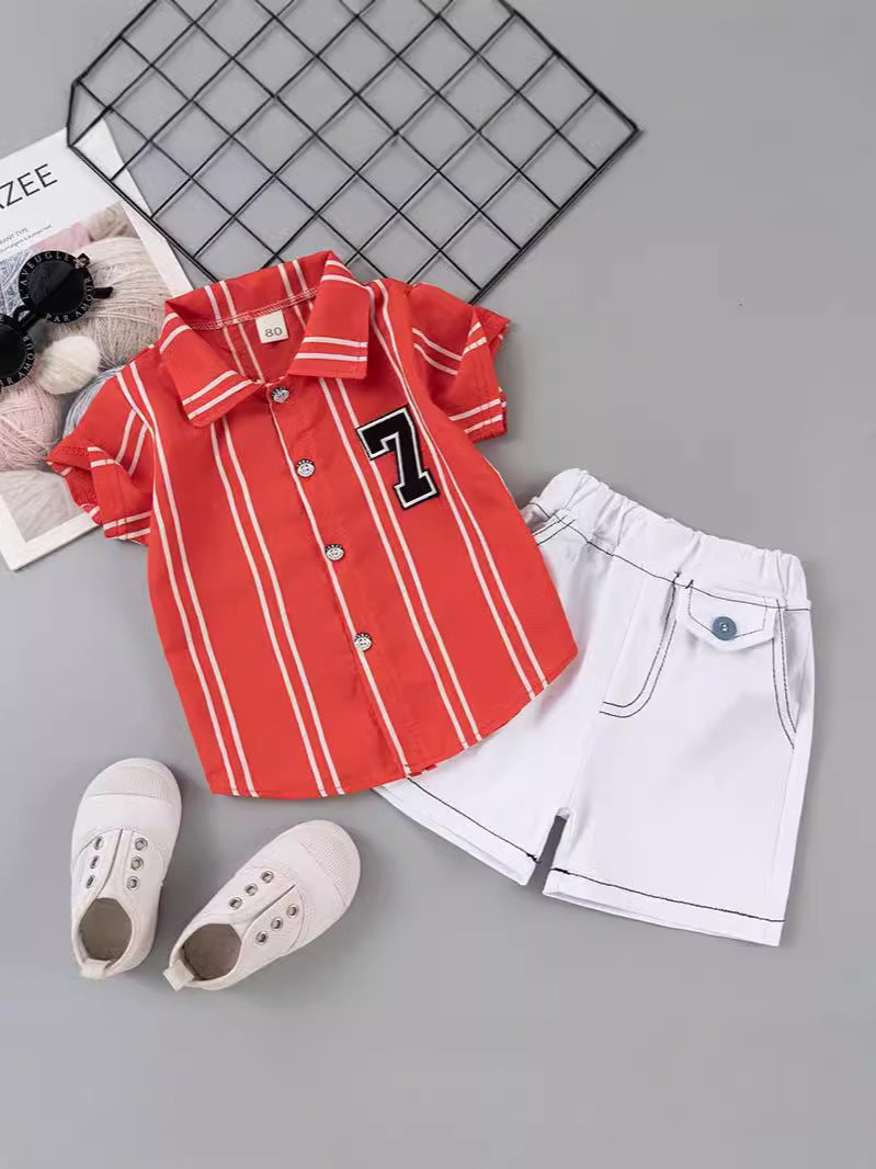 Completo Bambino Casual Estivo Camicia a Righe e Shorts Chiari