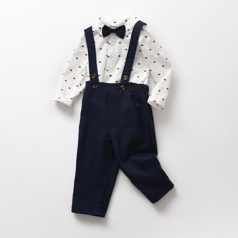 Completo Elegante Bambino Camicia con Papillon e Pantaloni con Bretelle