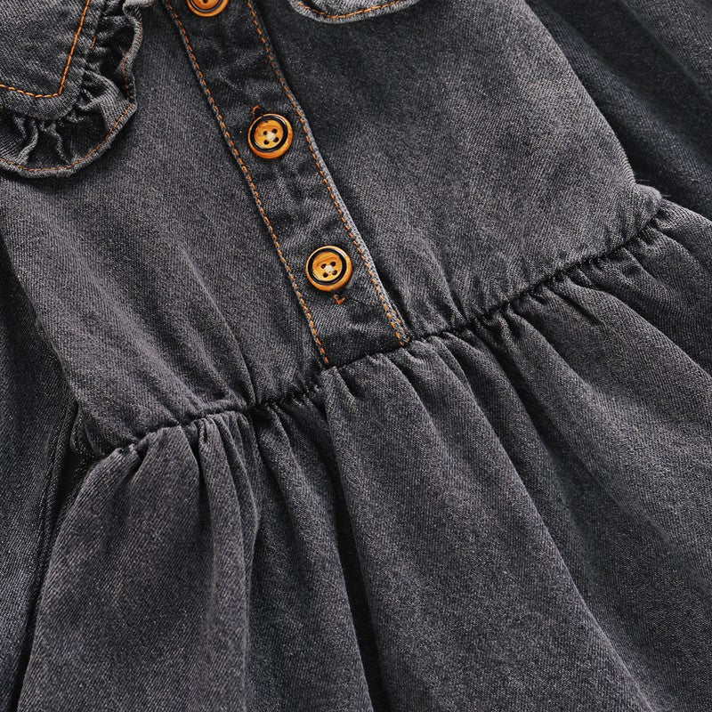 Vestitino Bimba in Jeans Nero con Colletto Volant e Bottoni in Legno