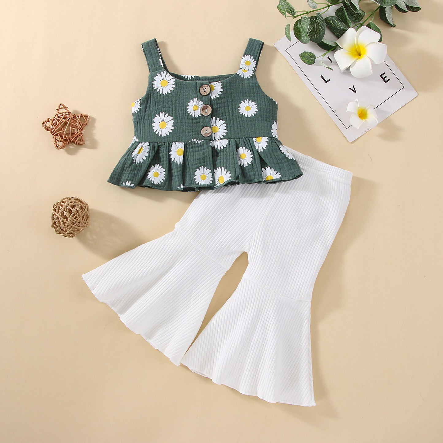 Completo Estivo Bambina Top a Fiori e Pantaloni a Zampa