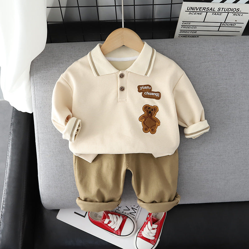 Completo Bimbo Autunnale Polo con Orsetto e Pantaloni Beige