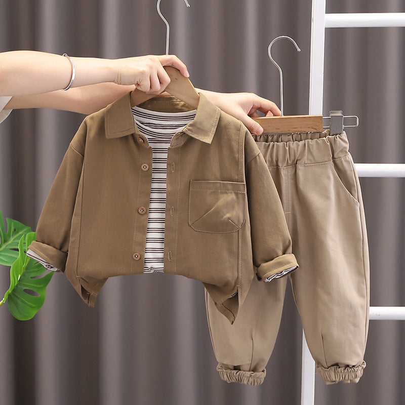 Completo bambino 3 pezzi Camicia, T-shirt a righe e pantalone con polsino