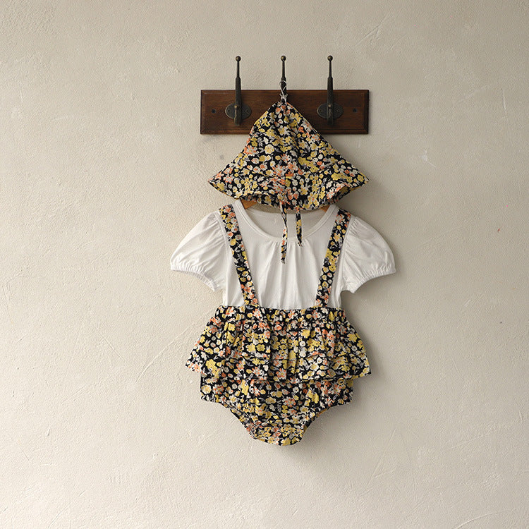 Pagliaccetto estivo bimba con balze e cappello abbinato - Stile floreale