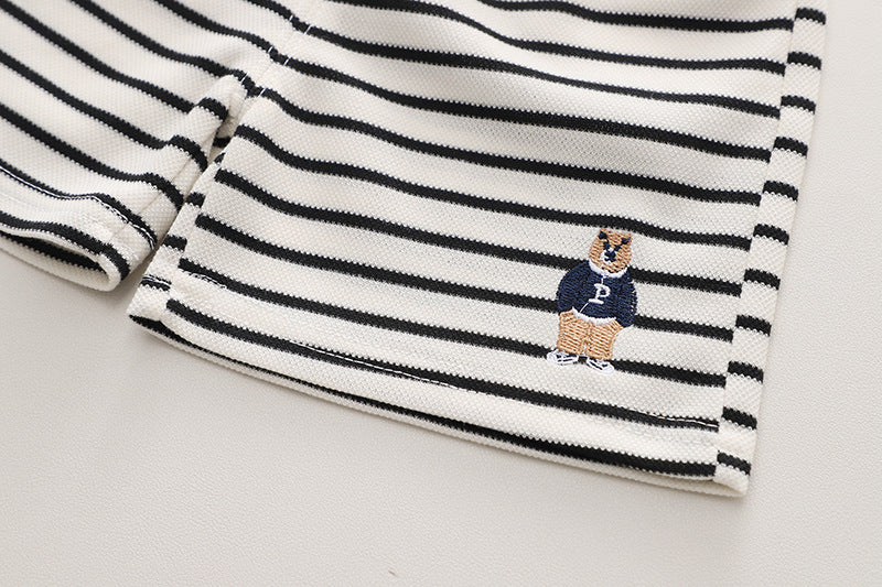 Completo Estivo Bimbo con T-shirt Stampa Orsetto e Pantaloncini a Righe