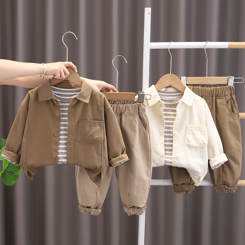 Completo bambino 3 pezzi Camicia, T-shirt a righe e pantalone con polsino