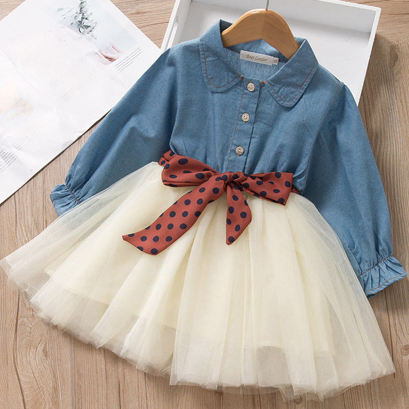 Abito Bambina in Denim e Tulle con Fiocco a Pois