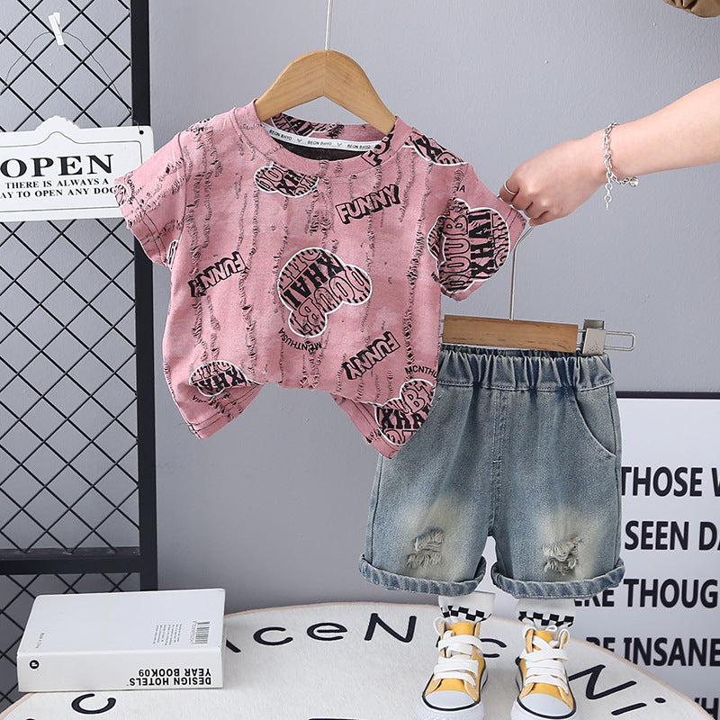 Completo Estivo Bimbo T-shirt "Funny" con Stampa Cartoon e Shorts in Jeans