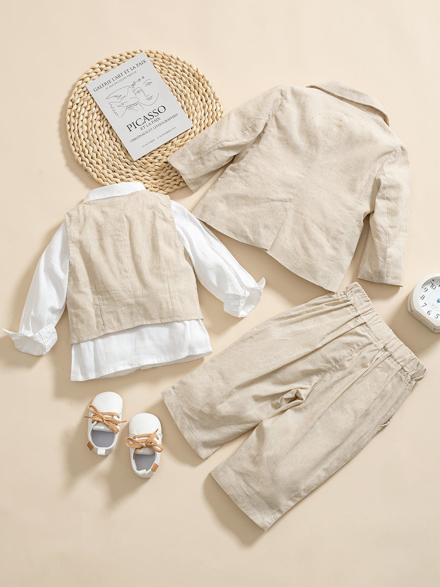 Completo elegante bambino 5 pezzi in lino Beige naturale