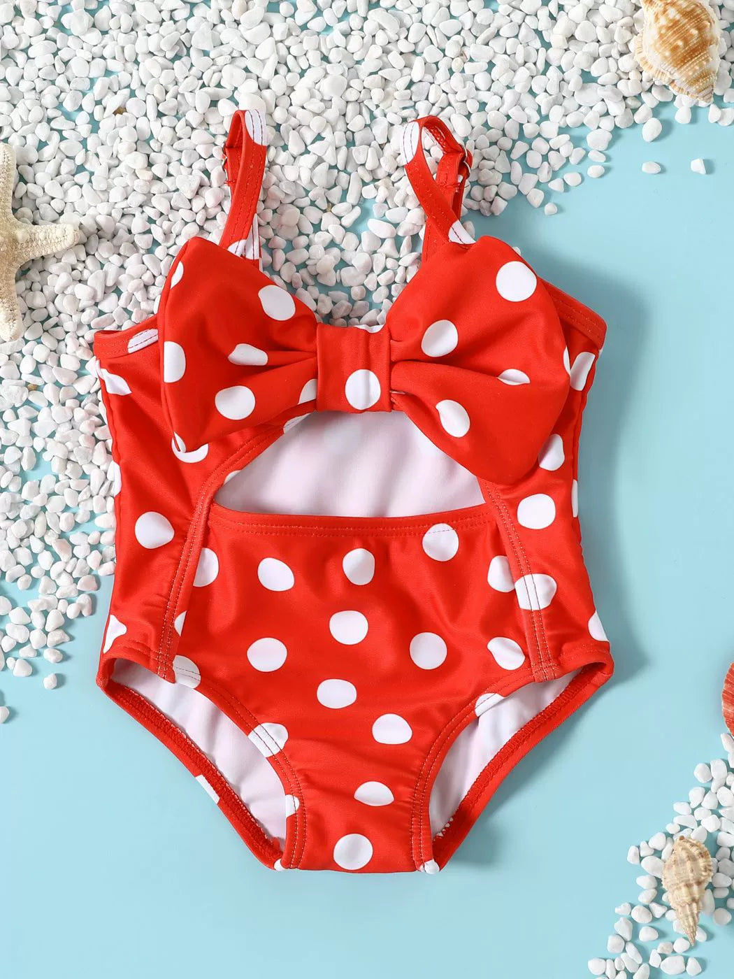 Costume Intero Bambina Pois Bianchi e Maxi Fiocco