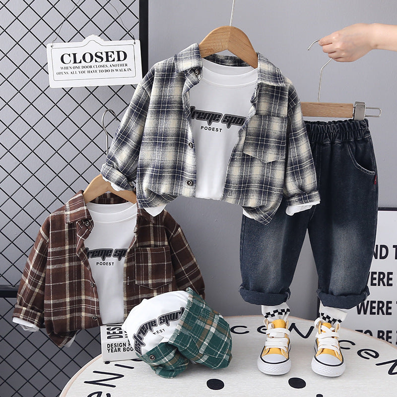Completo Bimbo "Casual Cool" Camicia a Quadri, T-shirt e Jeans