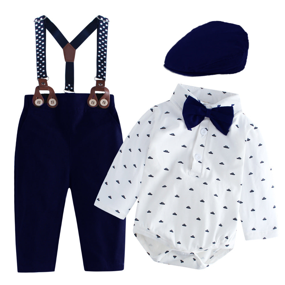Completo Elegante Neonato Body Camicia Celeste, Bretelle, Papillon e Cappellino