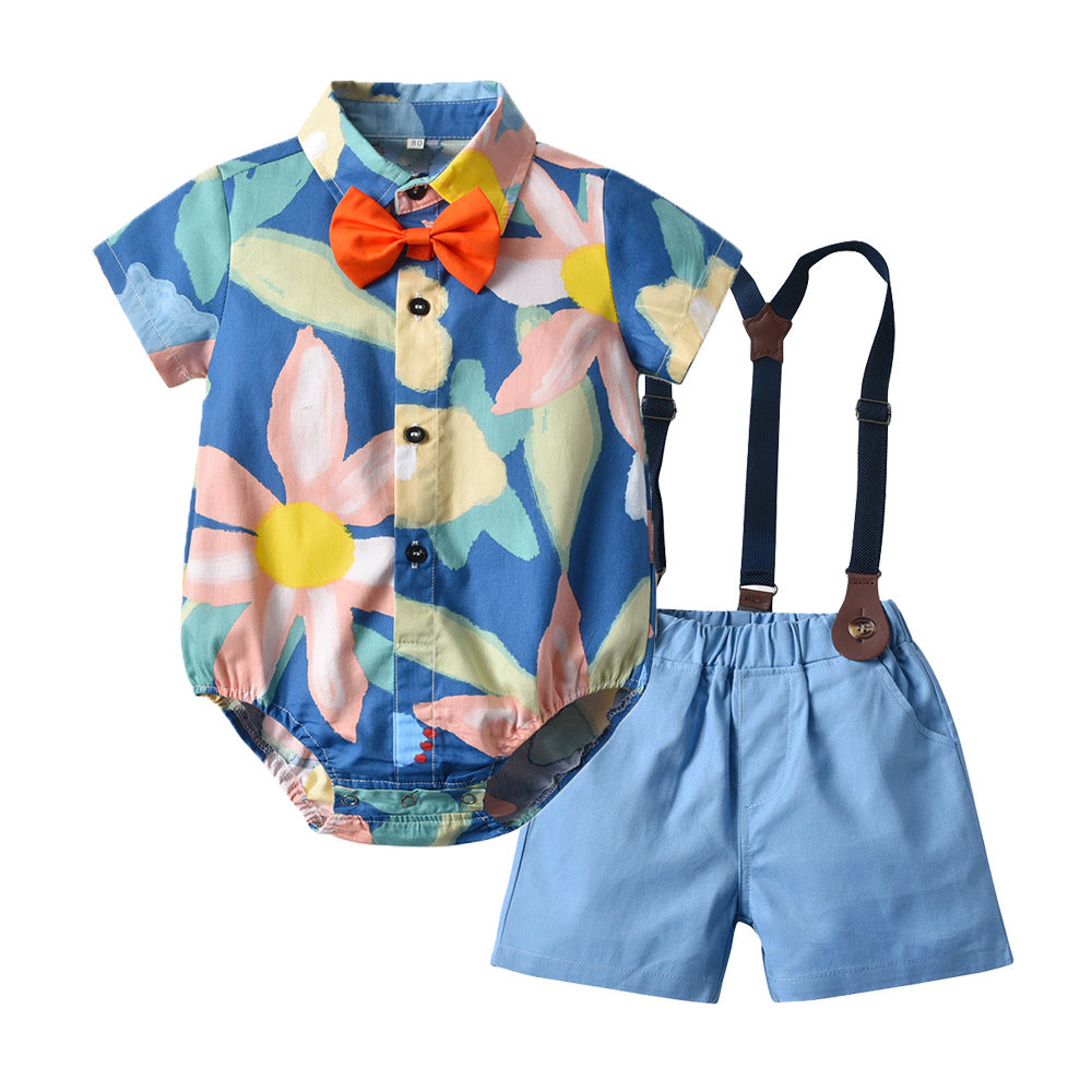 Completo Estivo 3 Pezzi per Bambino – Body Camicia Floreale, Pantaloncini con Bretelle e Papillon