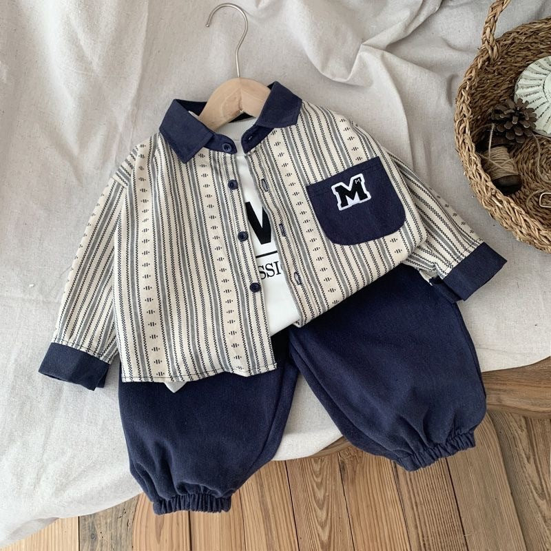 Completo bambino 3 pezzi Camicia a righe + T-shirt + Pantaloni jogger