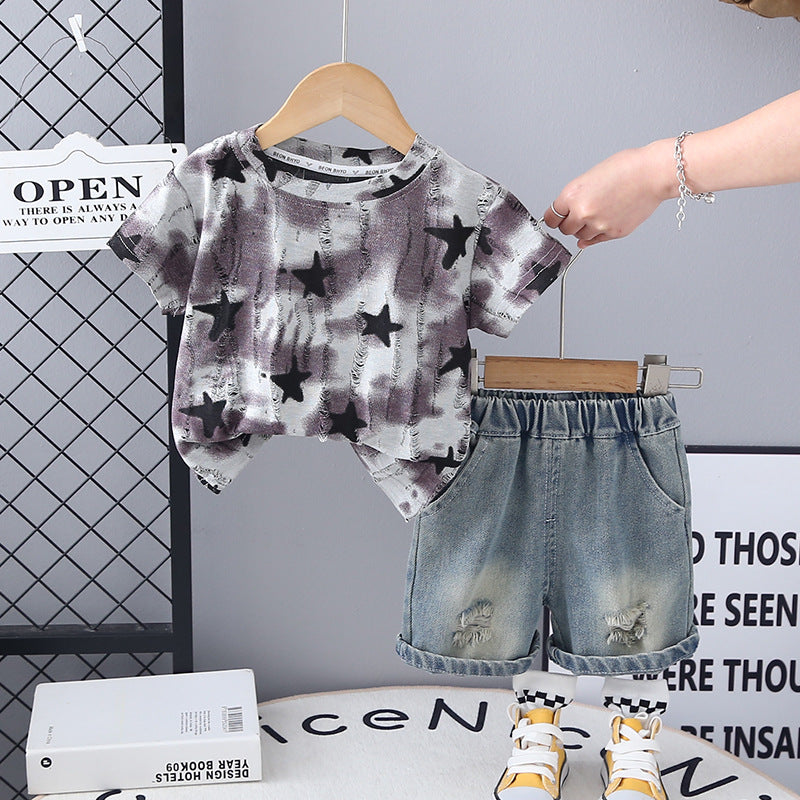 Completo Estivo Bambino Maglietta Stelle & Shorts Jeans