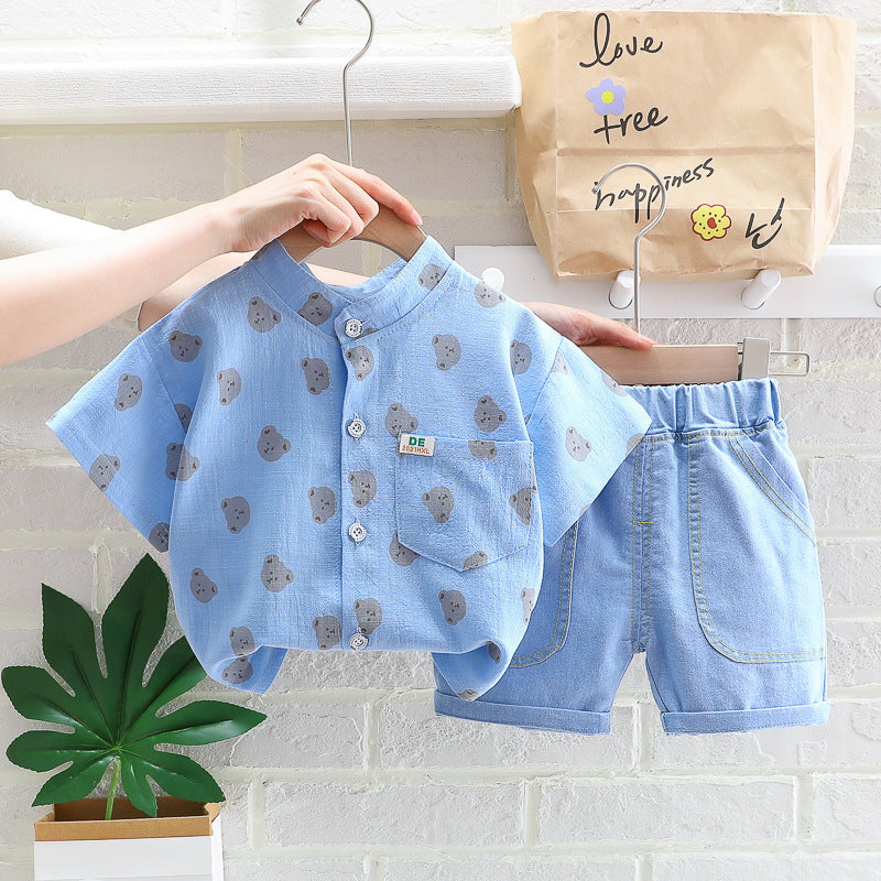 Completo Estivo Bambini Camicia Stampata e Shorts in Jeans