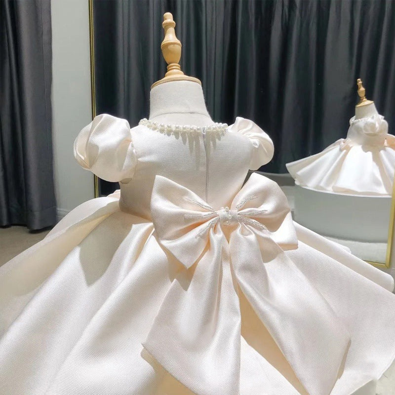 Abito cerimonia bambina Bianco perla con fiocco e dettagli in perle
