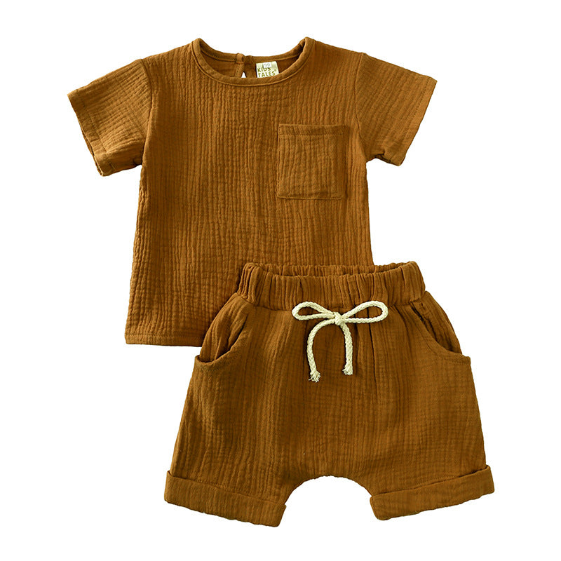 Completo Estivo Bambino 2 Pezzi in Cotone Garzato T-shirt e Shorts Bianchi