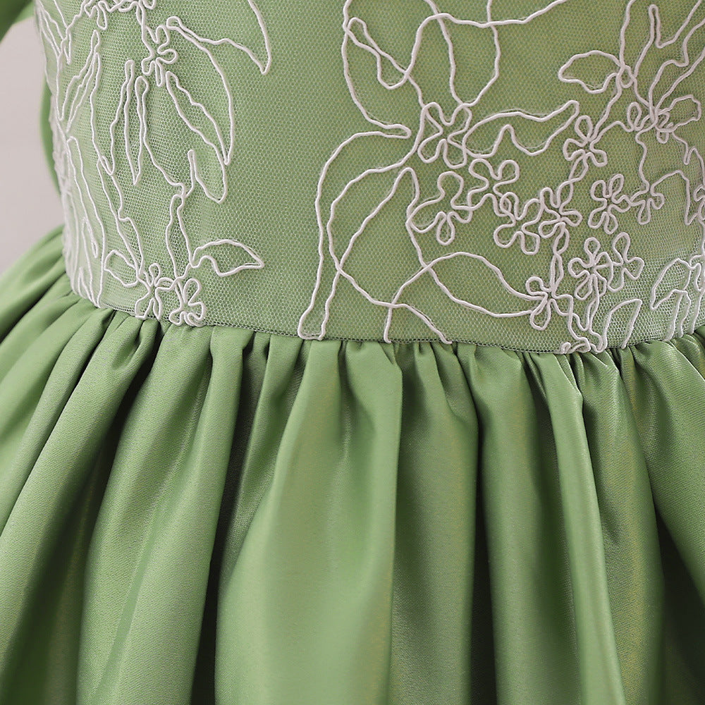 Abito Elegante Verde per Bambina con Maniche a Palloncino e Ricami