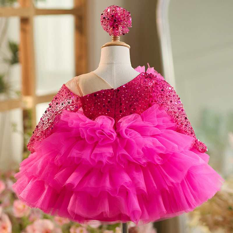 Abito Cerimonia Bambina Fucsia con Paillettes e Gonna in Tulle