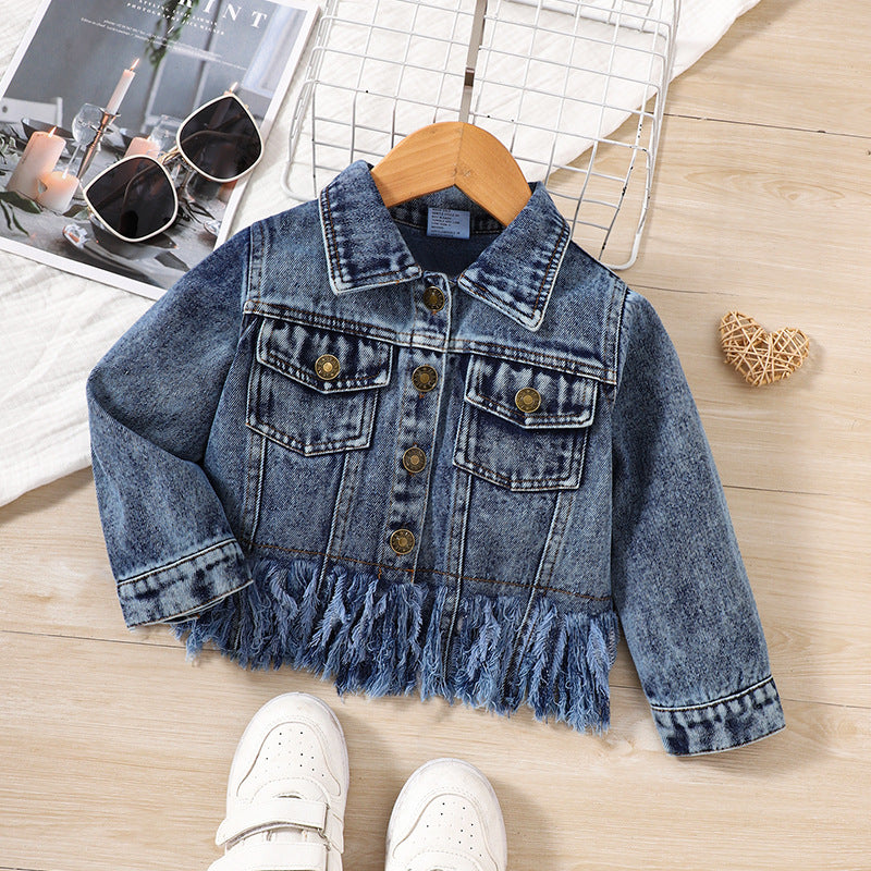 Giacca di Jeans Bambina Stile Casual con Orlo Sfilacciato