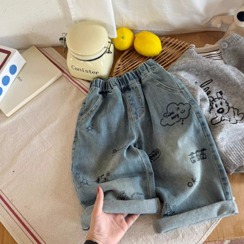 Shorts Bambino in Jeans con Stampa Doodle Casual e Creativi