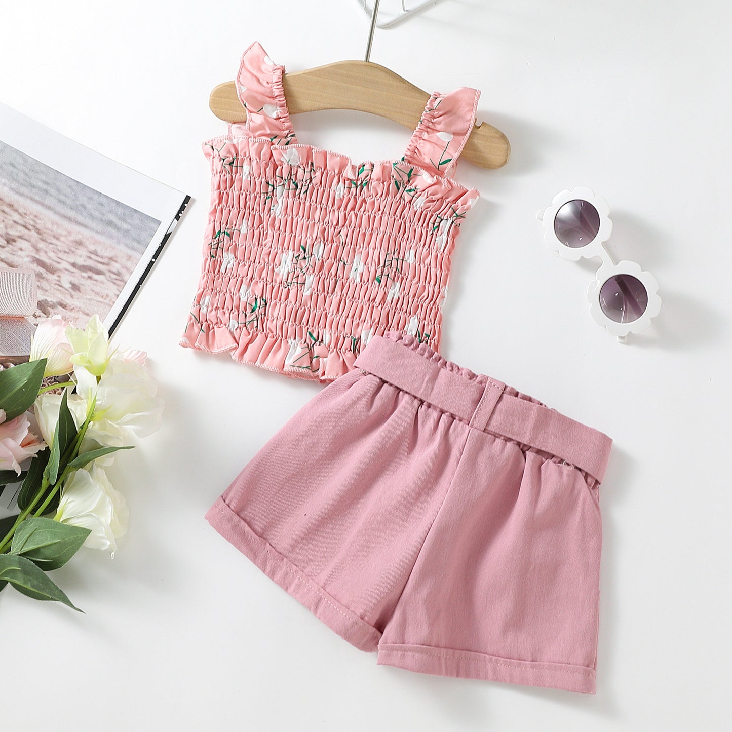 Completo estivo bambina 2 pezzi con top smockato e shorts con fiocco