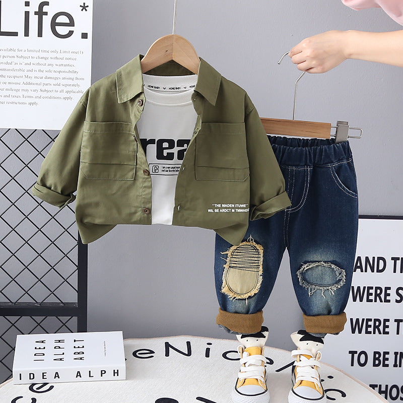 Completo Casual Bambino con Camicia e Jeans Strappati