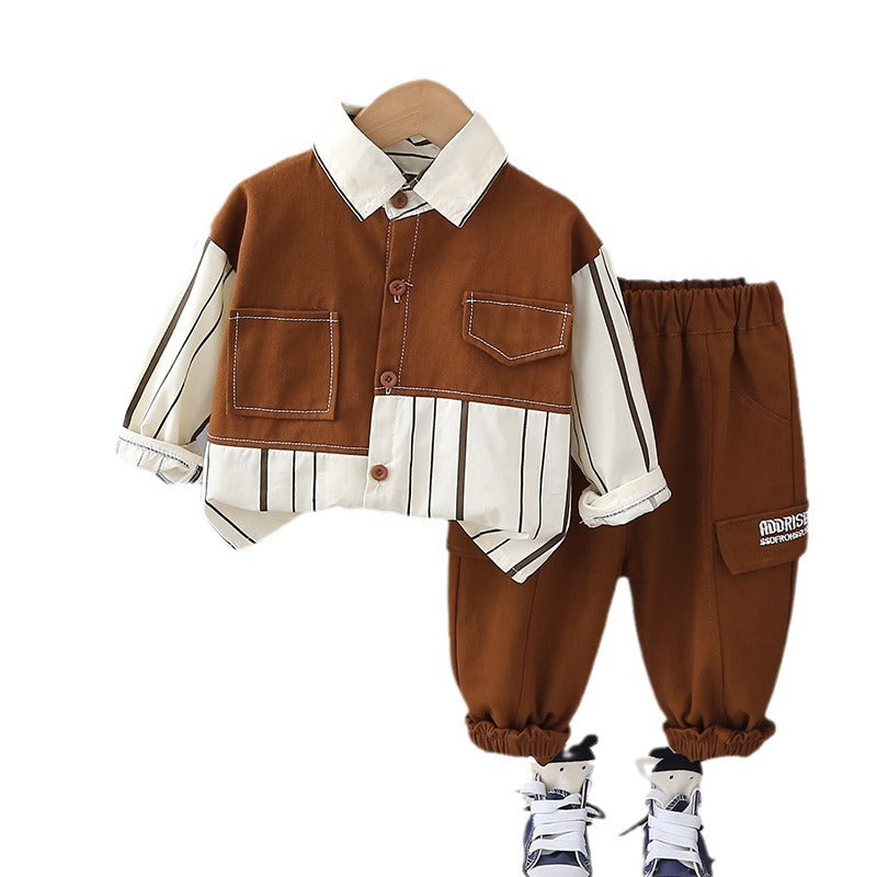 Completo Bimbo - Camicia a Righe Bicolore con Pantaloni Sportivi