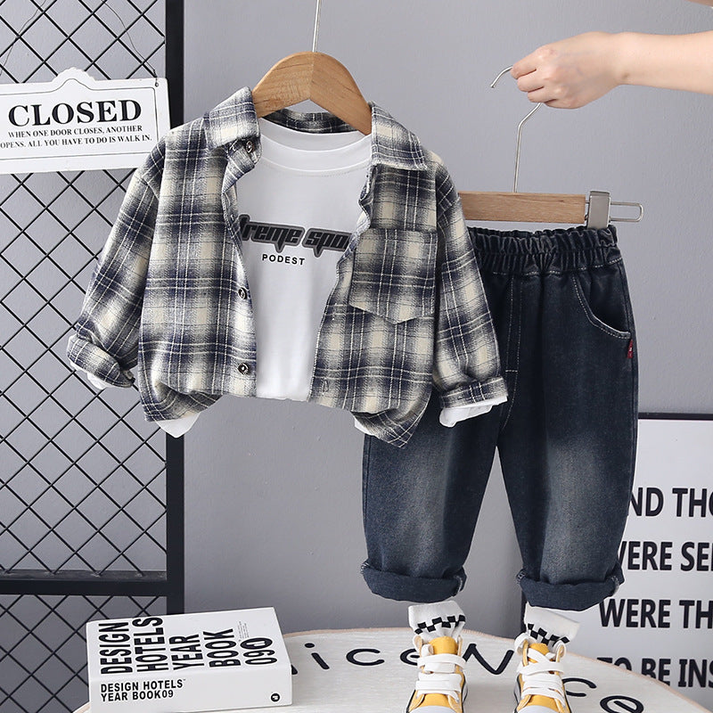Completo Bimbo "Casual Cool" Camicia a Quadri, T-shirt e Jeans