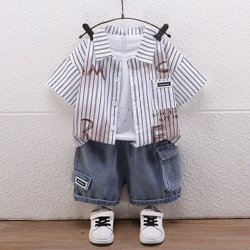 Completo Estivo Bimbo Casual Camicia a Righe, T-shirt e Shorts in Jeans