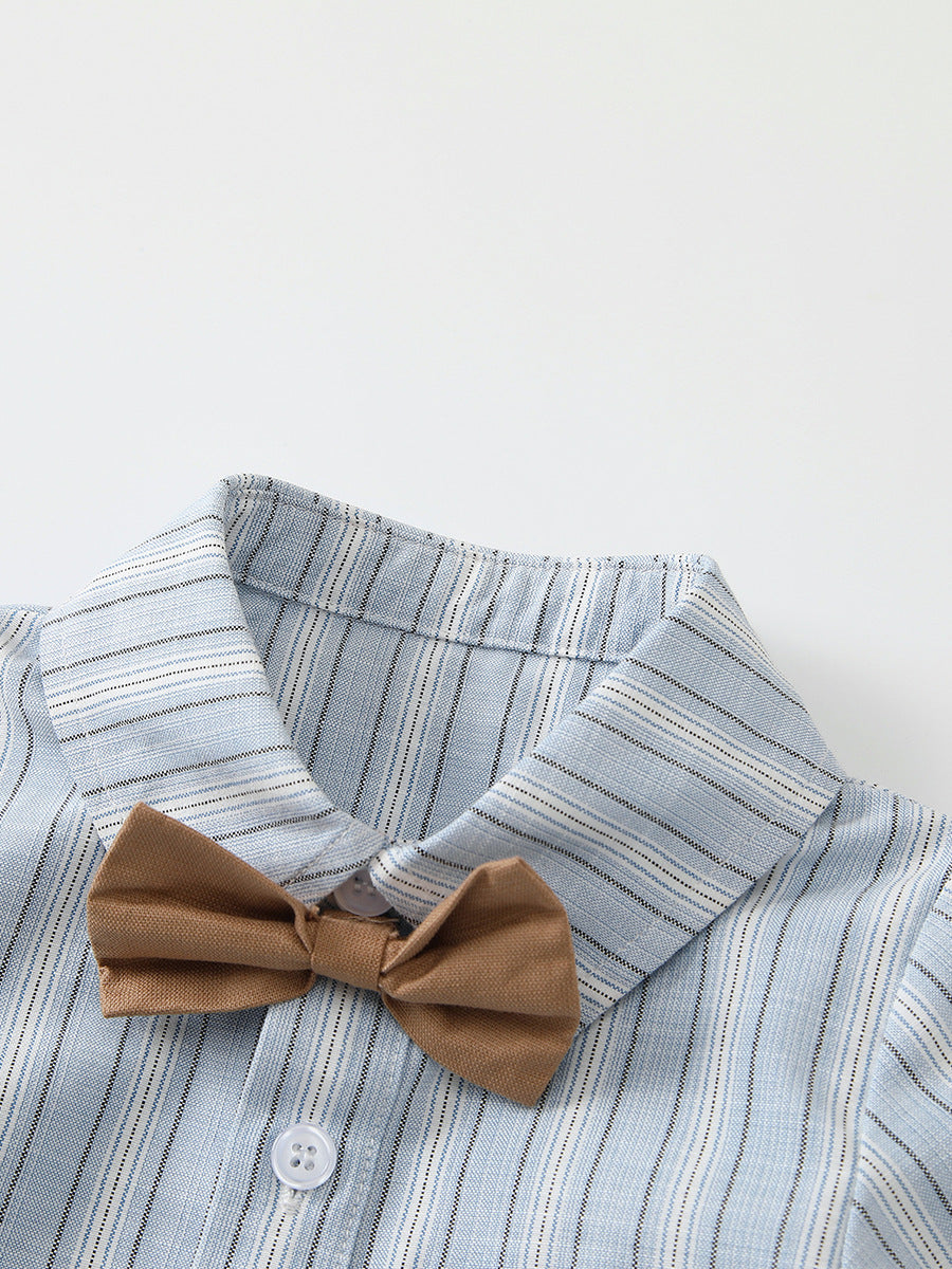 Completo Elegante Bimbo Camicia a Righe con Papillon e Pantaloni Cammello