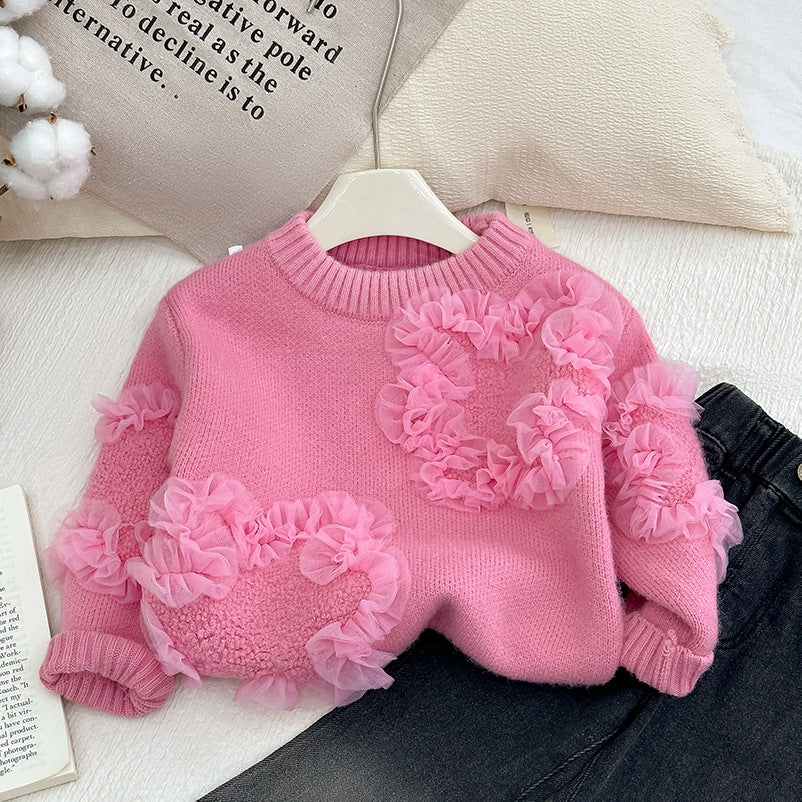 Completo Bambina Maglioncino Cuori in Tulle + Pantalone Svasato